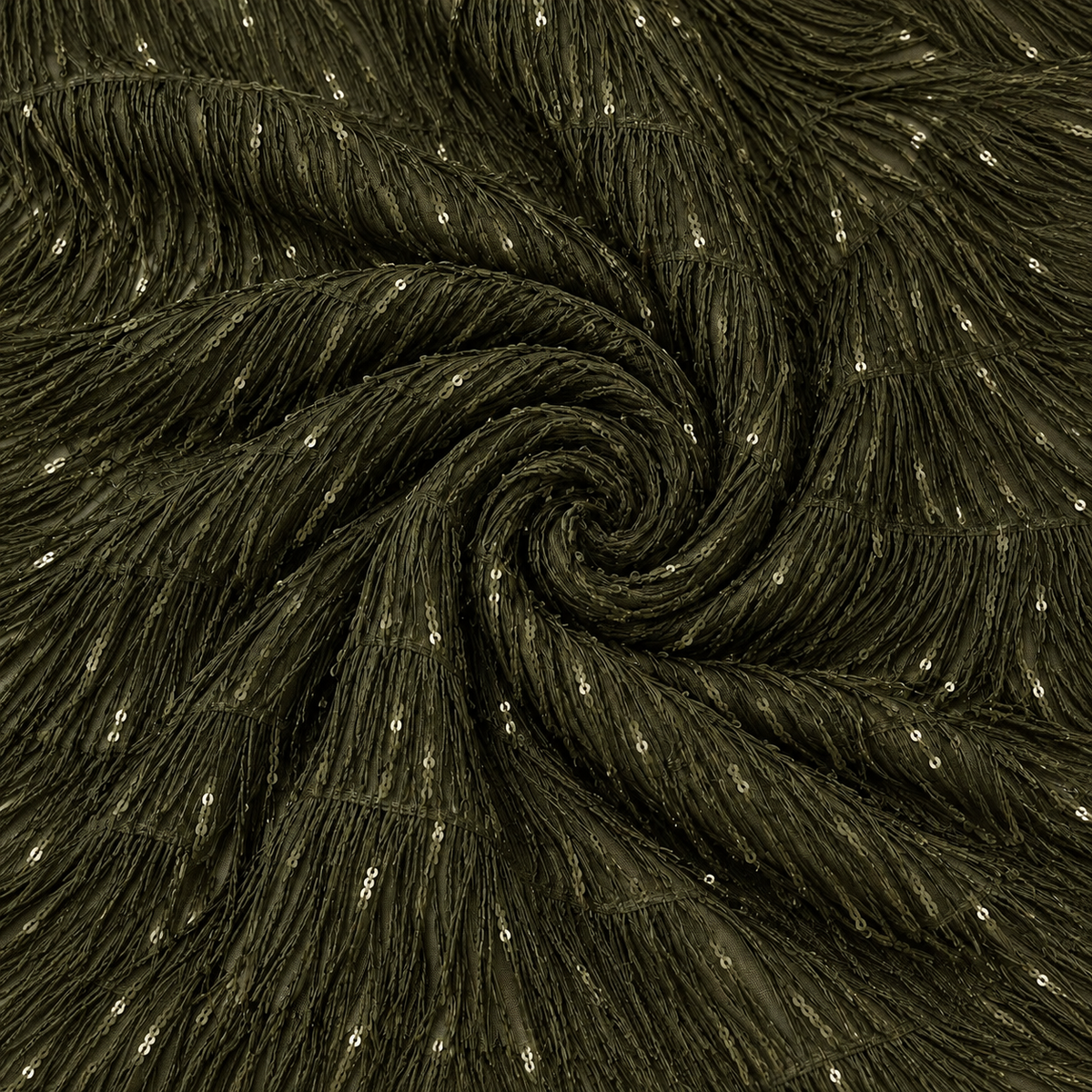 Luxe Deadstock Sequin Fringe Georgette Dressmaking Fabric - Olive Green