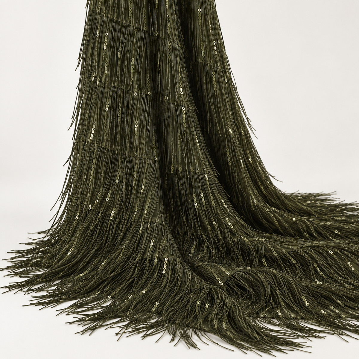 Luxe Deadstock Sequin Fringe Georgette Dressmaking Fabric - Olive Green