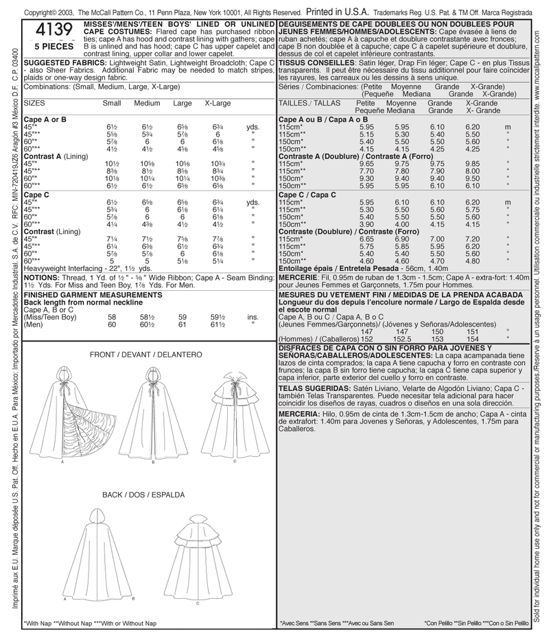 McCall's Costumes Sewing Pattern M4139