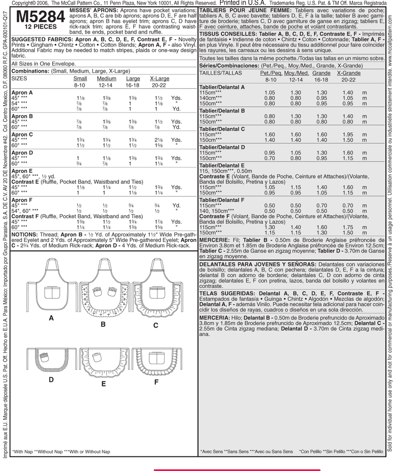 McCall's Aprons Sewing Pattern M5284