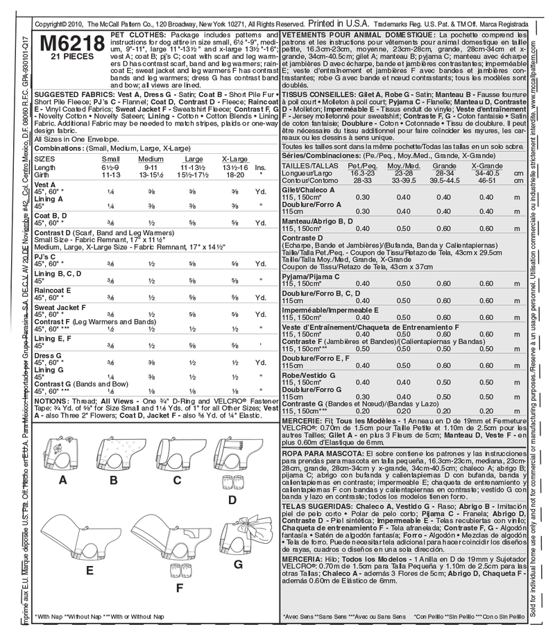 McCall's Pets Sewing Pattern M6218