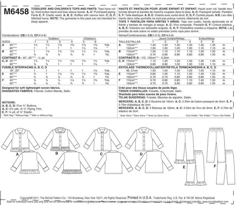 McCall's Sleep&Lounge Sewing Pattern M6458