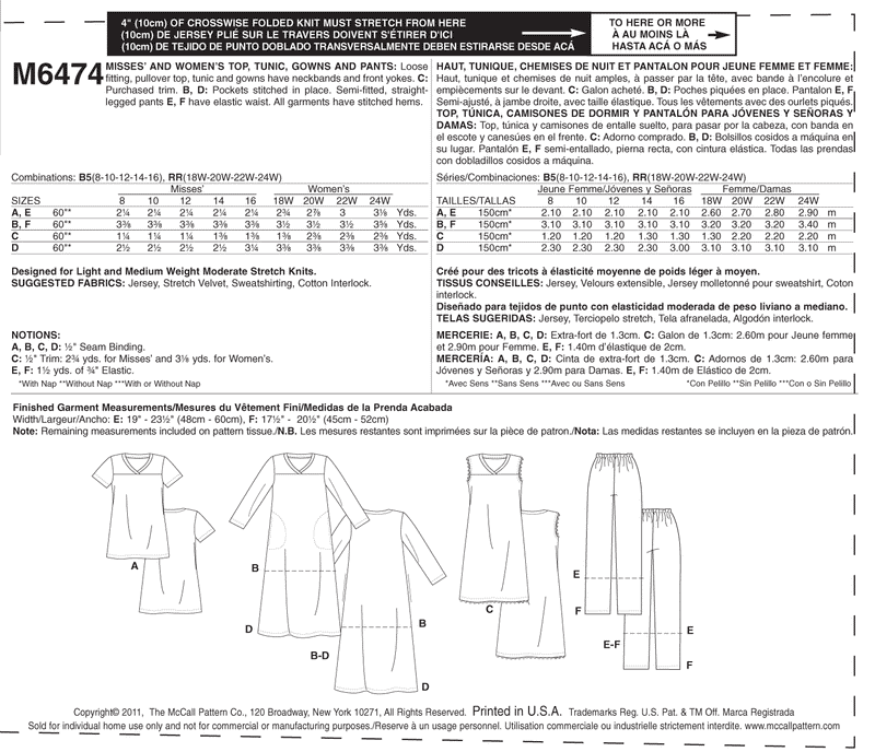 McCall's Sleep&Lounge Sewing Pattern M6474