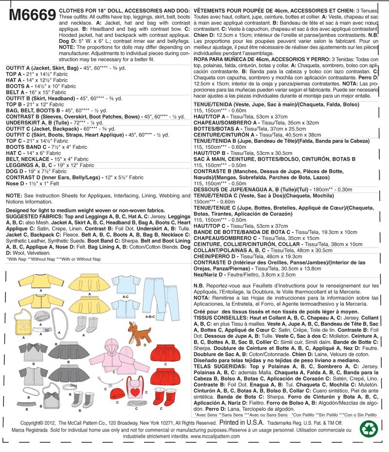 McCall's Doll Clothes Sewing Pattern M6669