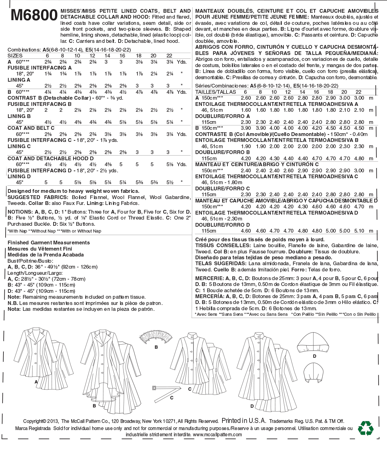 McCall's Outerwear Sewing Pattern M6800