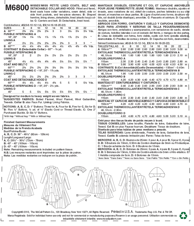 McCall's Outerwear Sewing Pattern M6800