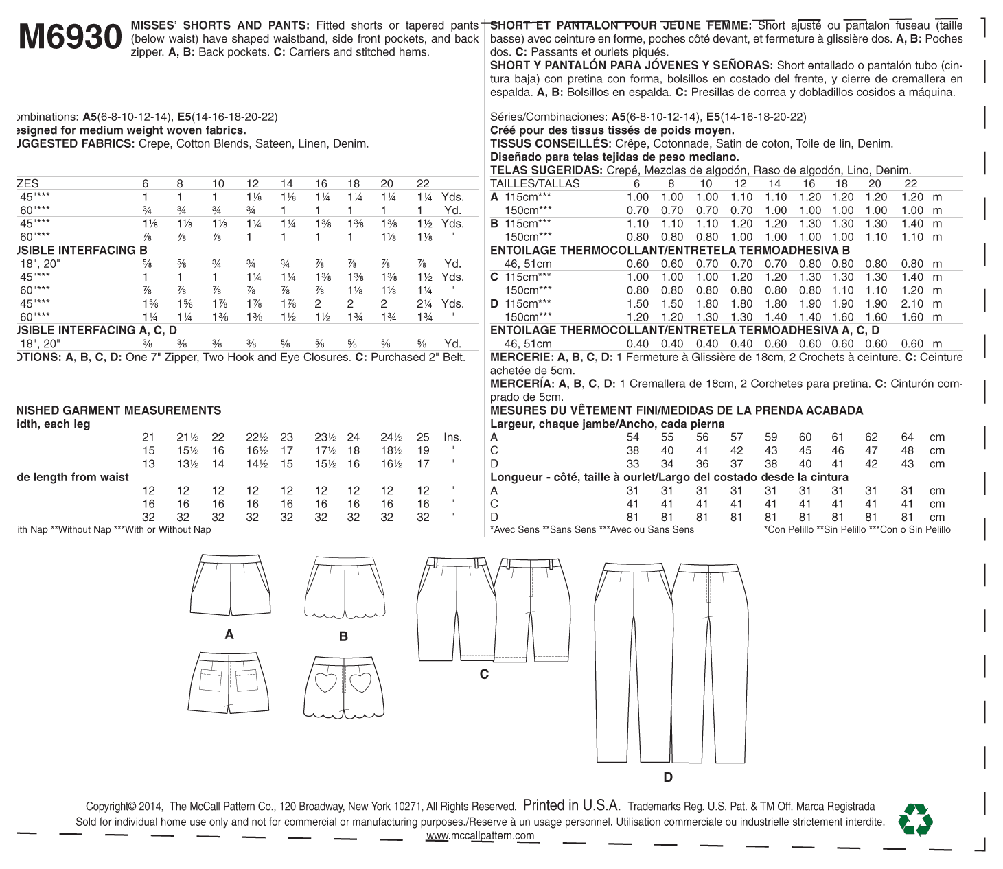 McCall’s Pants Sewing Pattern M6930