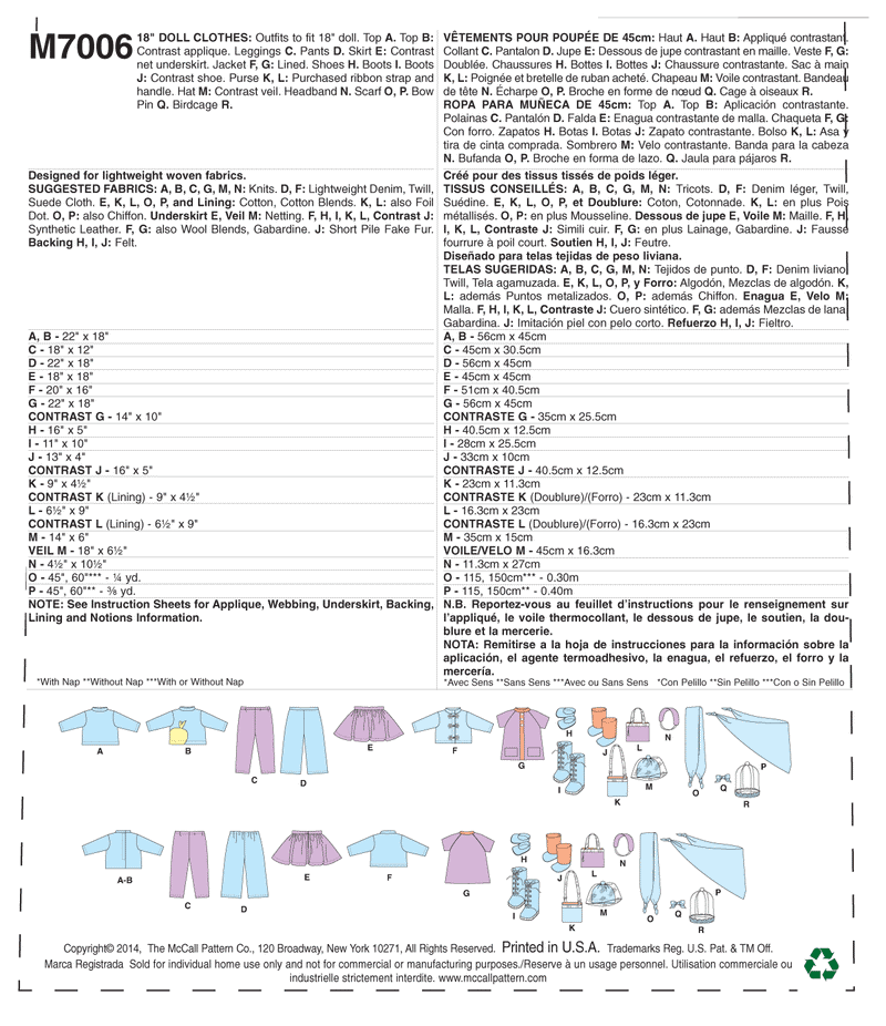 McCall’s Doll Clothes Sewing Pattern M7006