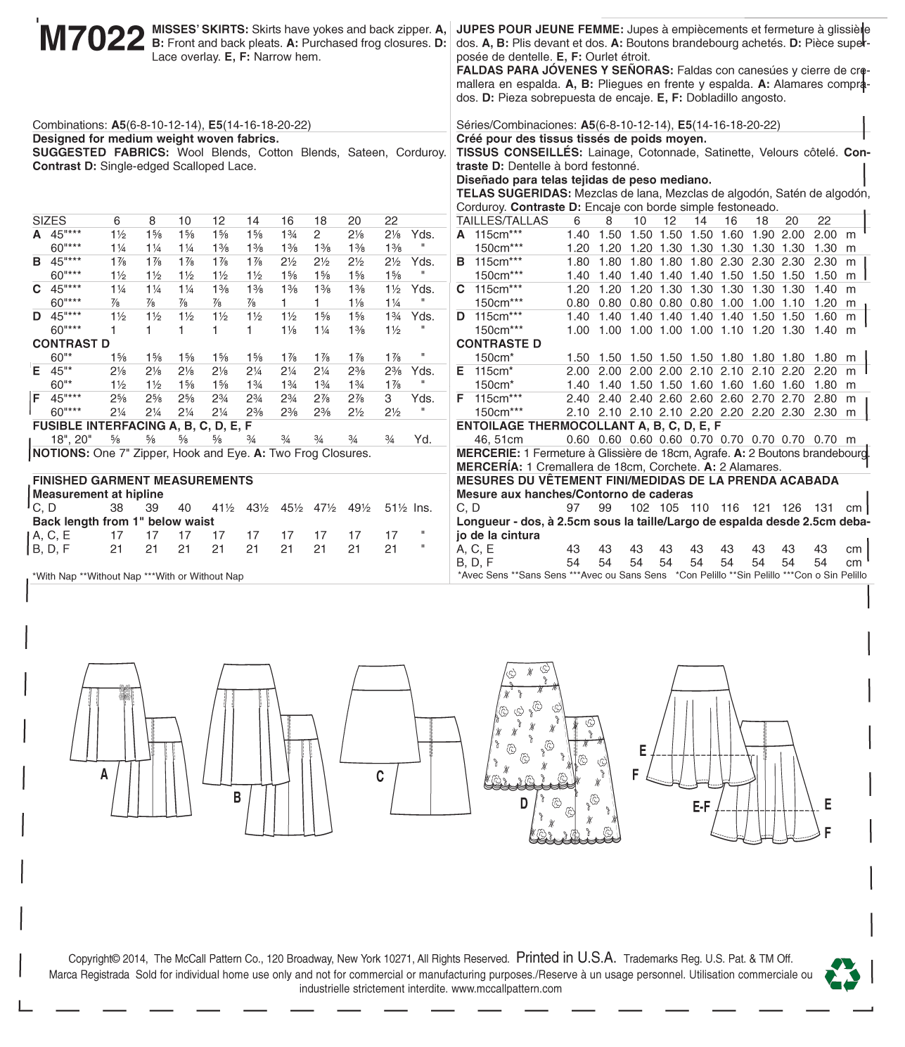 McCall’s Skirt Sewing Pattern M7022