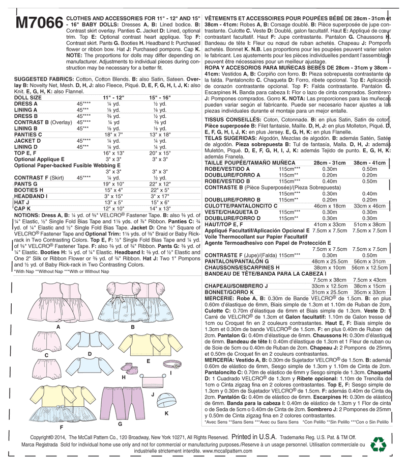 McCall’s Doll Clothes Sewing Pattern M7066
