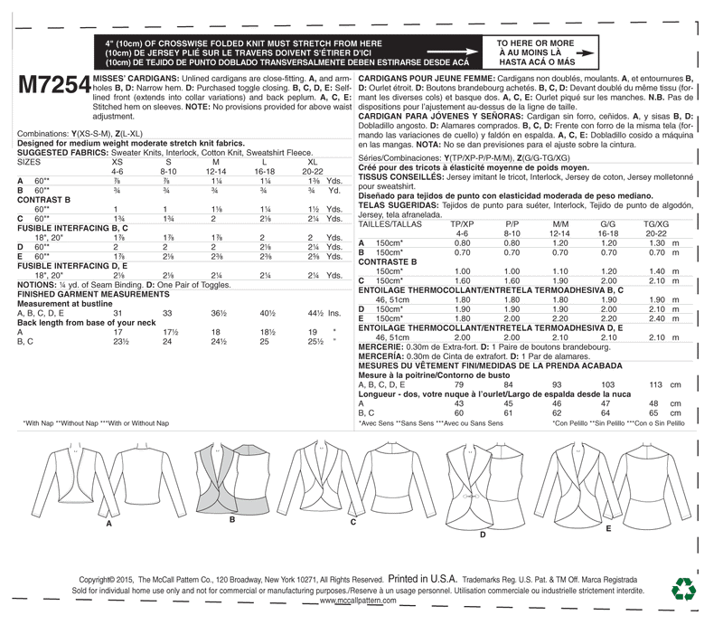 McCall’s Jacket Sewing Pattern M7254