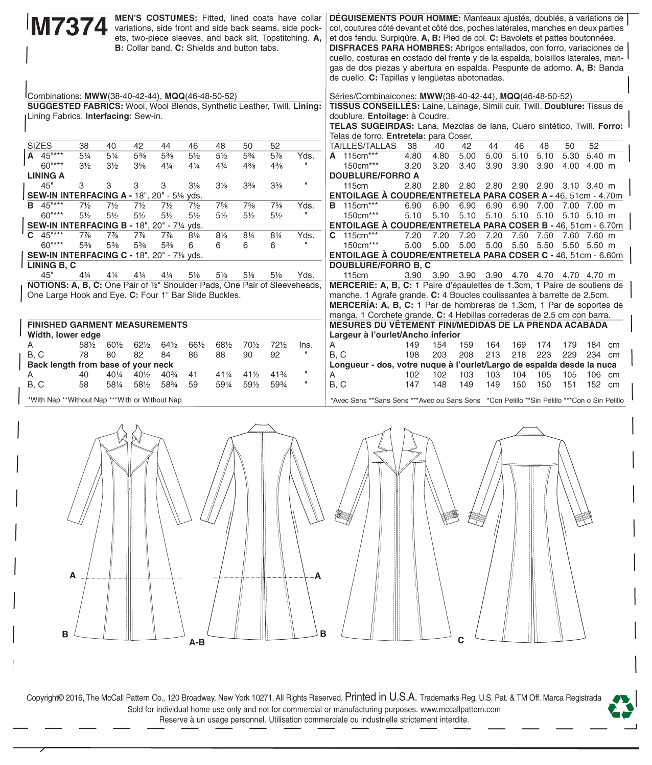 McCall’s Costumes Sewing Pattern M7374