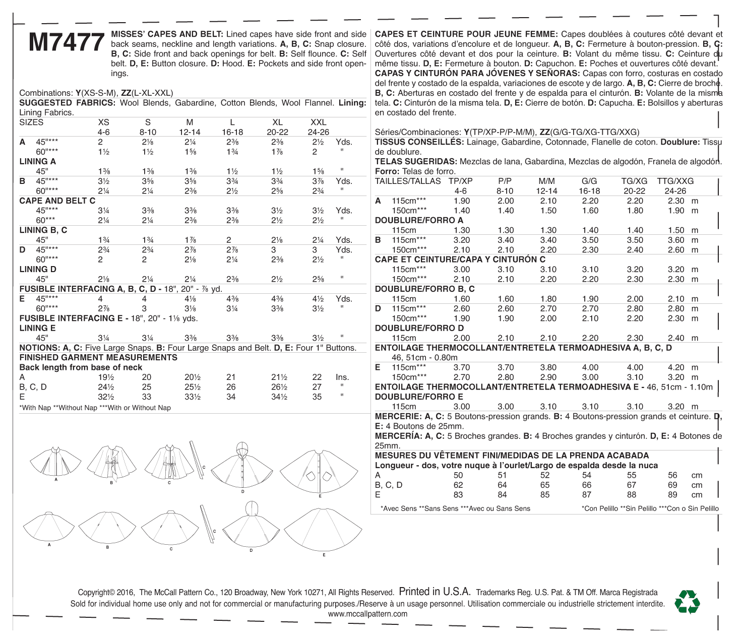 McCall’s Outerwear Sewing Pattern M7477