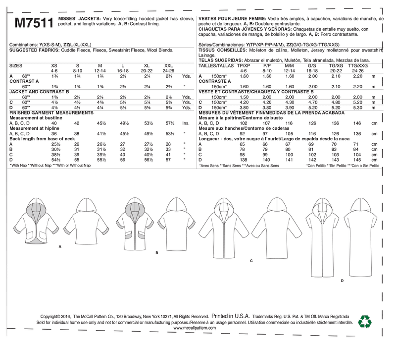 McCall’s Jacket Sewing Pattern M7511