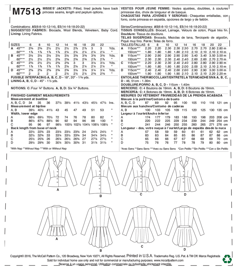 McCall’s Jacket Sewing Pattern M7513