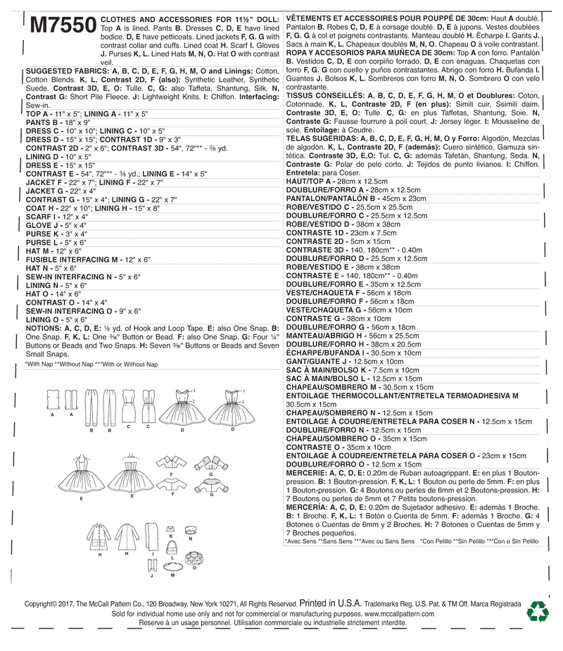 McCall’s Doll Clothes Sewing Pattern M7550