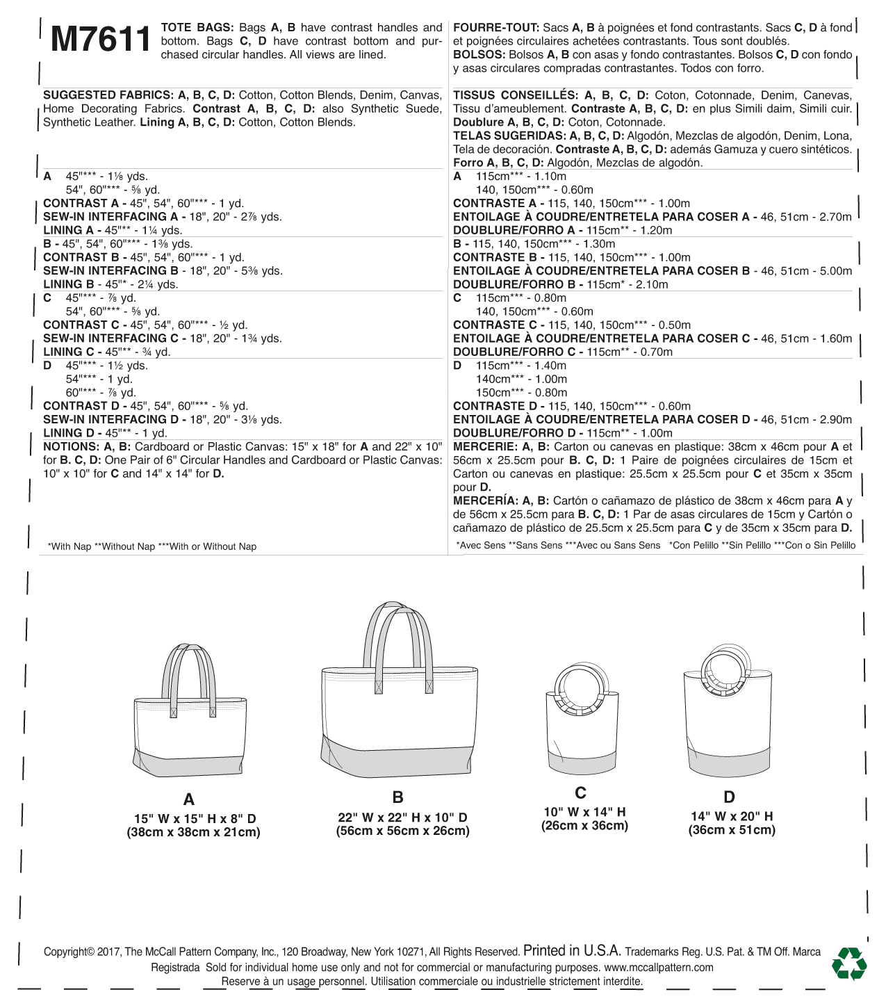 McCall’s Totes&Bags Sewing Pattern M7611