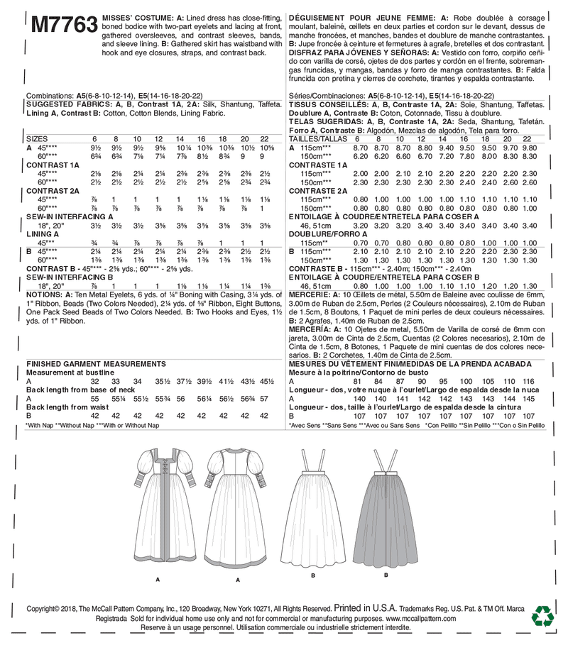 McCall’s Costumes Sewing Pattern M7763