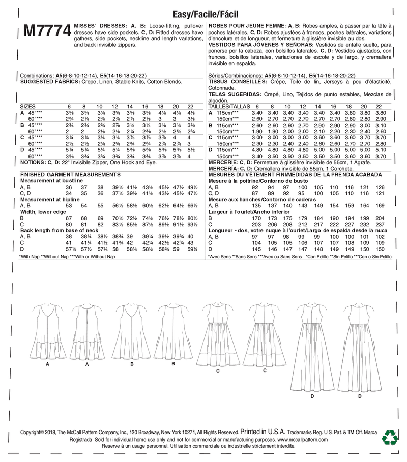 McCall’s Dress Sewing Pattern M7774