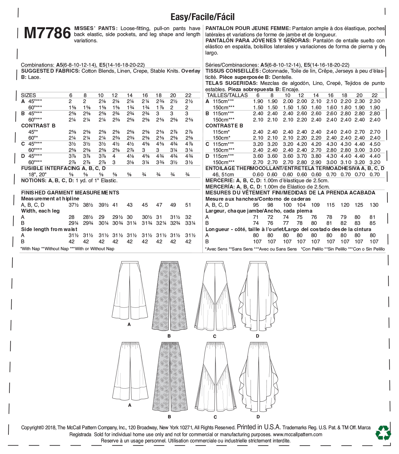 McCall’s Pants Sewing Pattern M7786