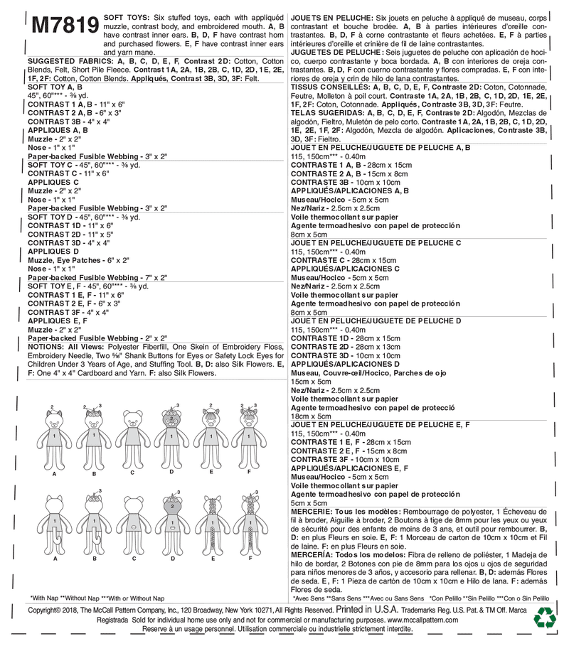 McCall’s Animals Sewing Pattern M7819