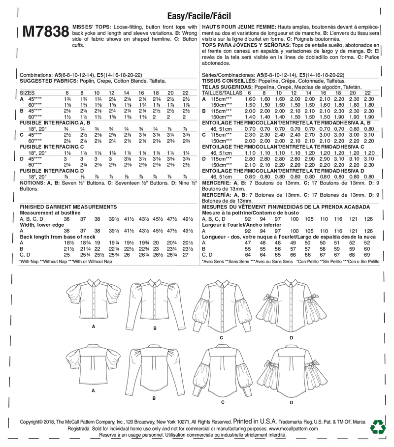 McCall’s Misses Top / Vest Sewing Pattern M7838