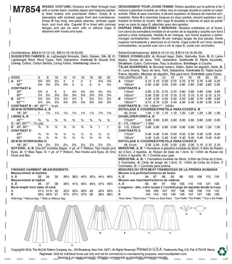 McCall’s Misses Costume Sewing Pattern M7854