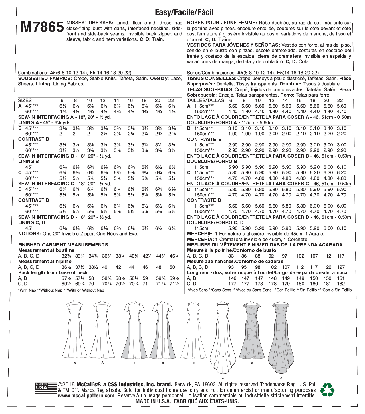 McCall’s Misses Dress Sewing Pattern M7865