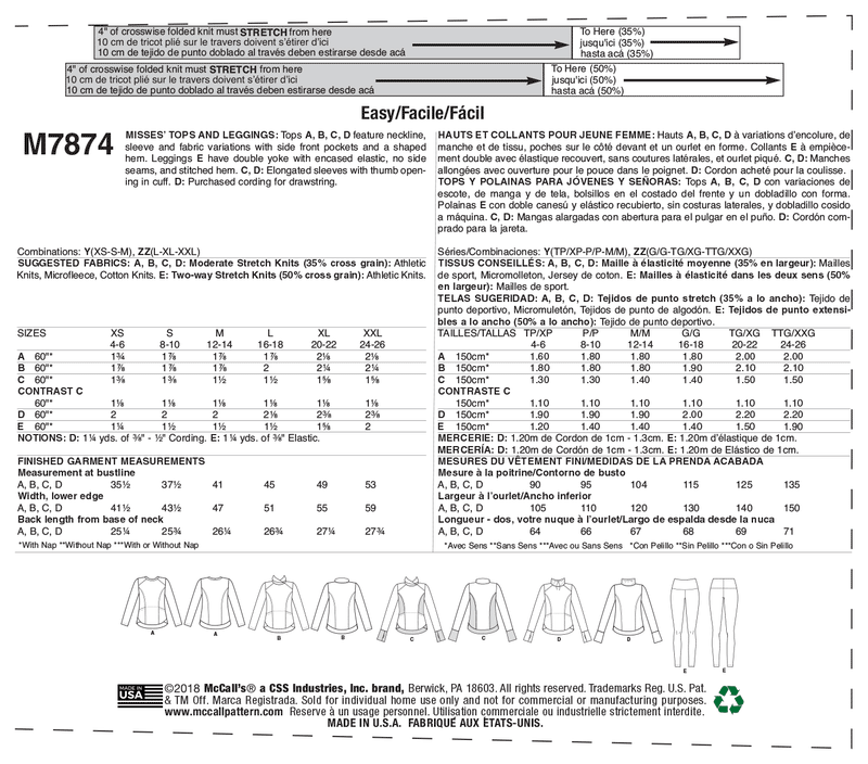 McCall’s Misses Sportswear Sewing Pattern M7874