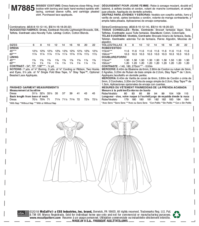 McCall’s Misses Costume Sewing Pattern M7885