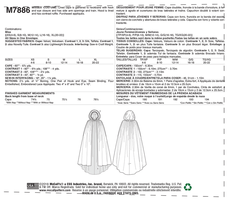 McCall’s Misses Costume Sewing Pattern M7886