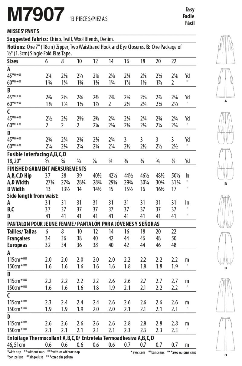 McCall’s Misses Skirt / Pants Sewing Pattern M7907