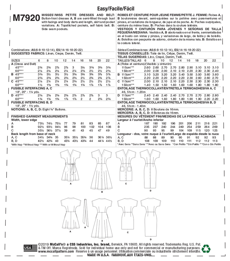 McCall’s Misses Dress Sewing Pattern M7920