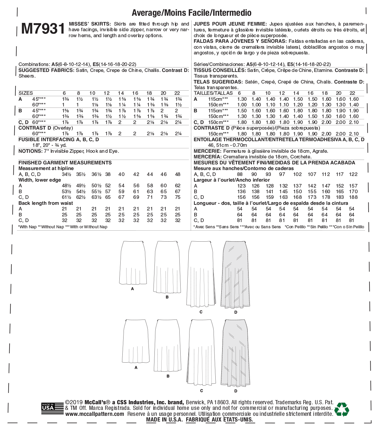 McCall’s Misses Skirt / Pants Sewing Pattern M7931