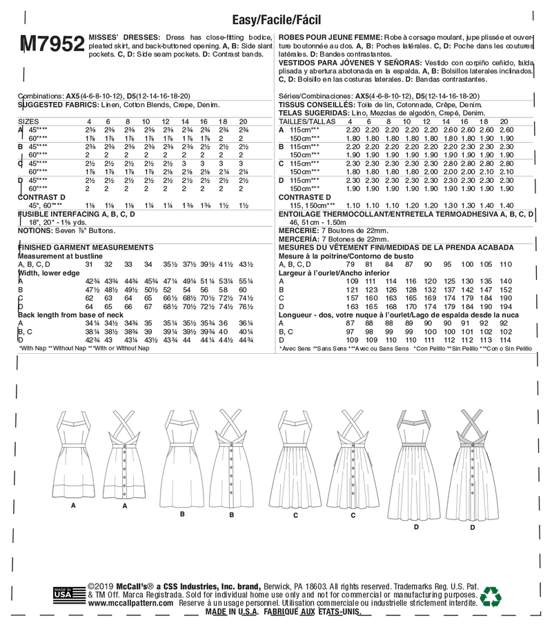 McCall’s Misses Dress Sewing Pattern M7952