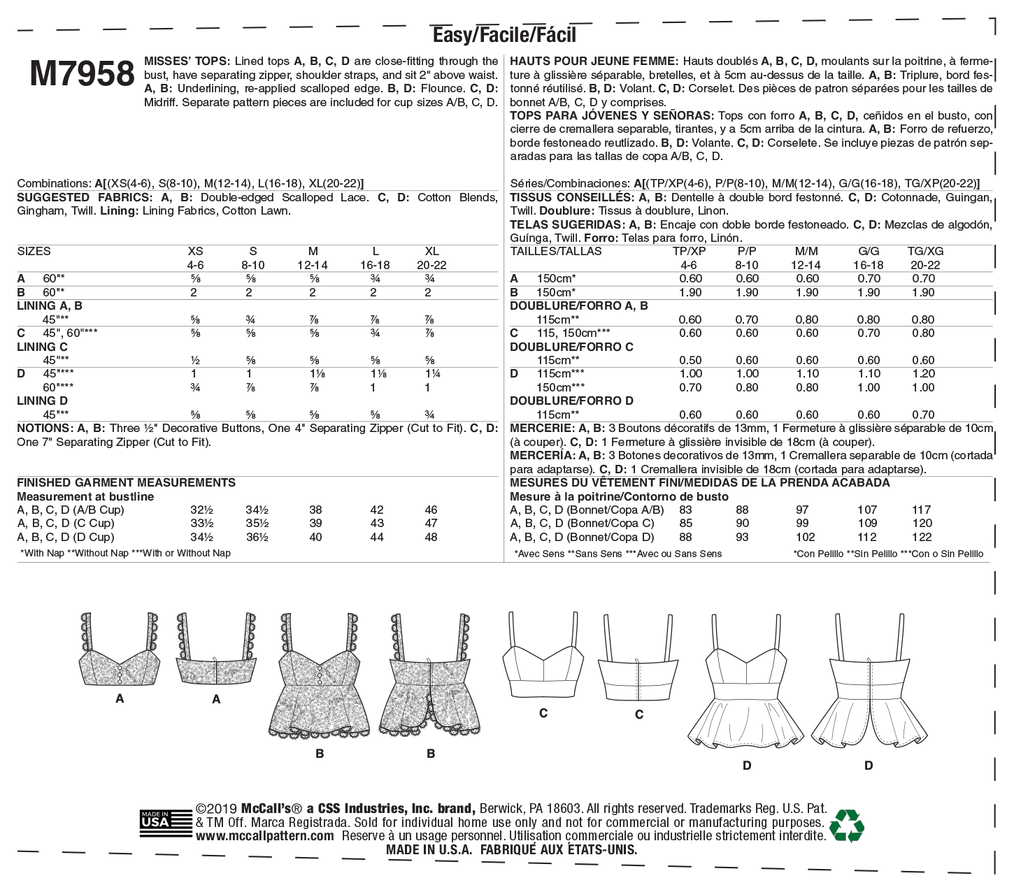 McCall’s Misses Top / Vest Sewing Pattern M7958