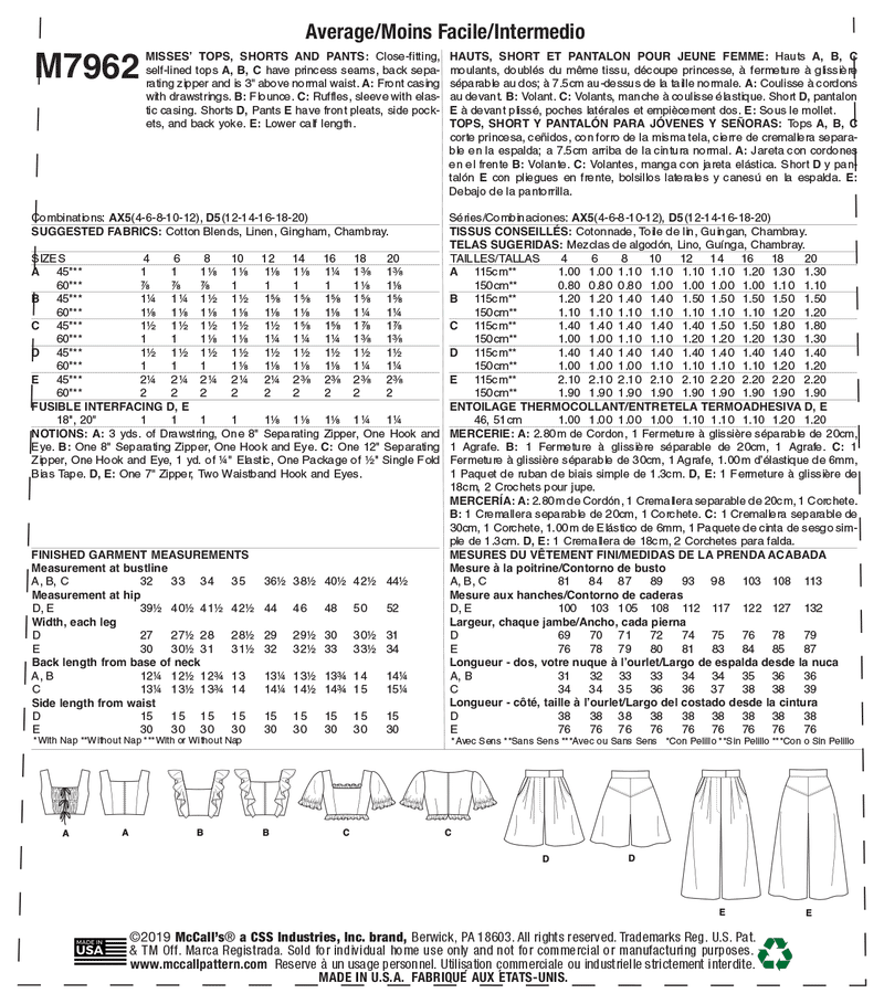 McCall’s Misses Sportswear Sewing Pattern M7962