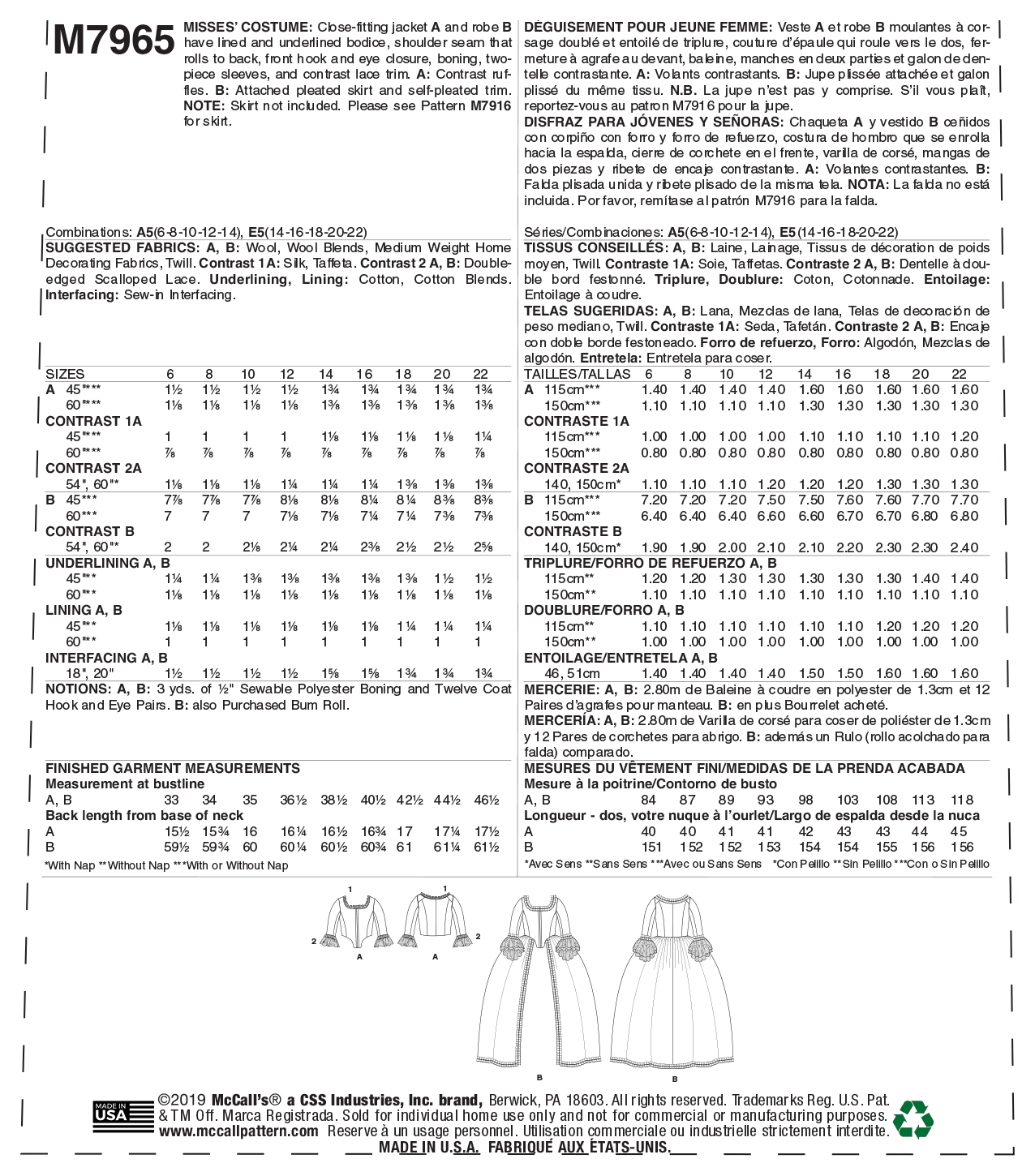 McCall’s Misses Costume Sewing Pattern M7965
