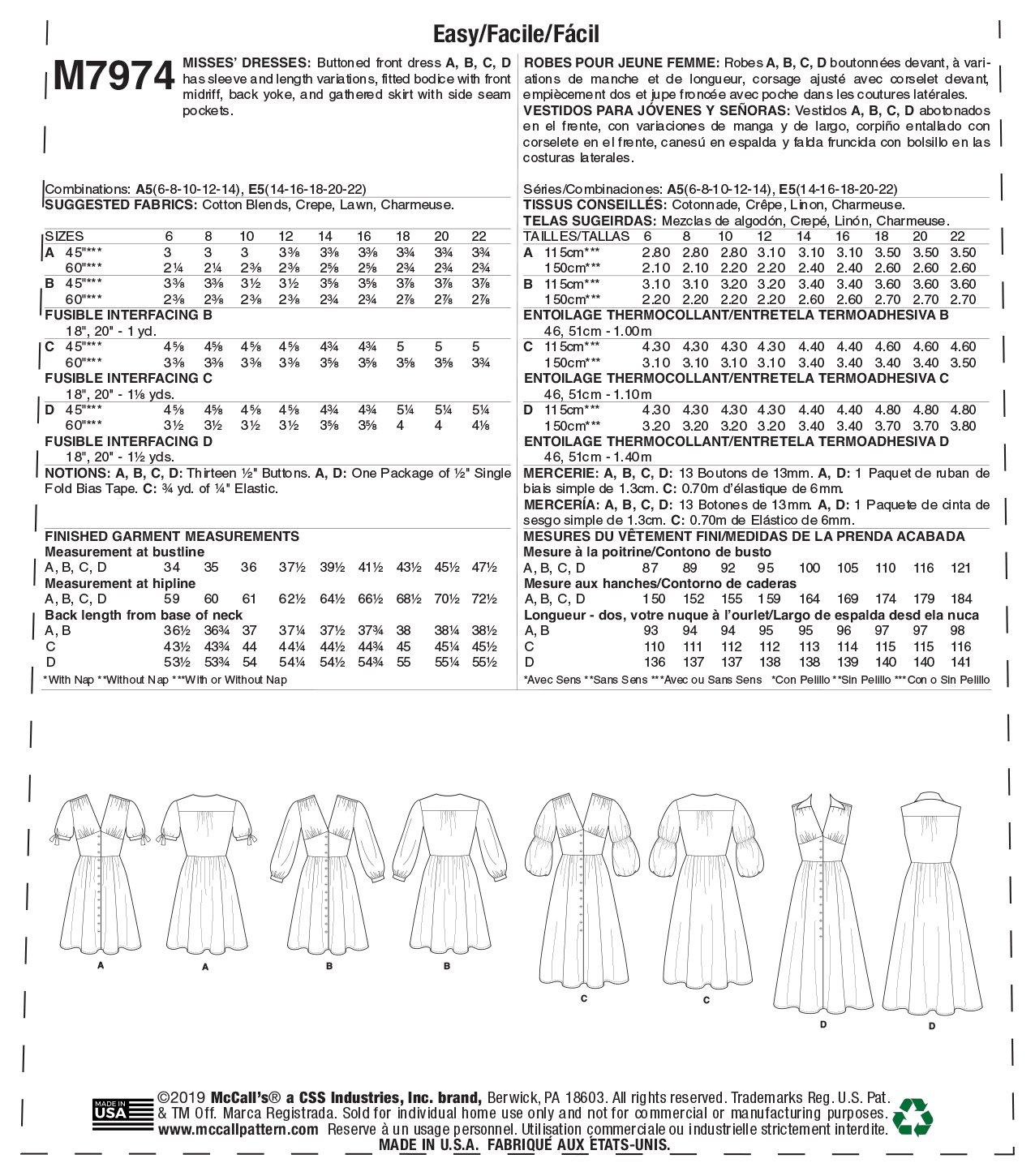 McCall’s Misses Dress Sewing Pattern M7974