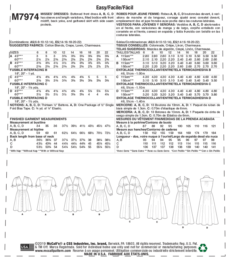 McCall’s Misses Dress Sewing Pattern M7974