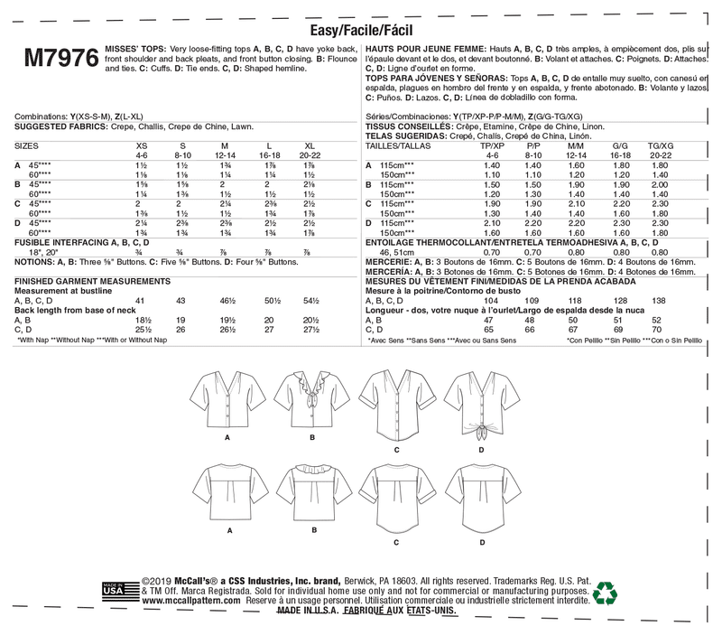 McCall’s Misses Tops Sewing Pattern M7976