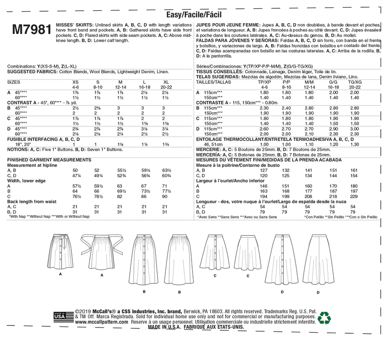 McCall’s Misses Skirts Sewing Pattern M7981