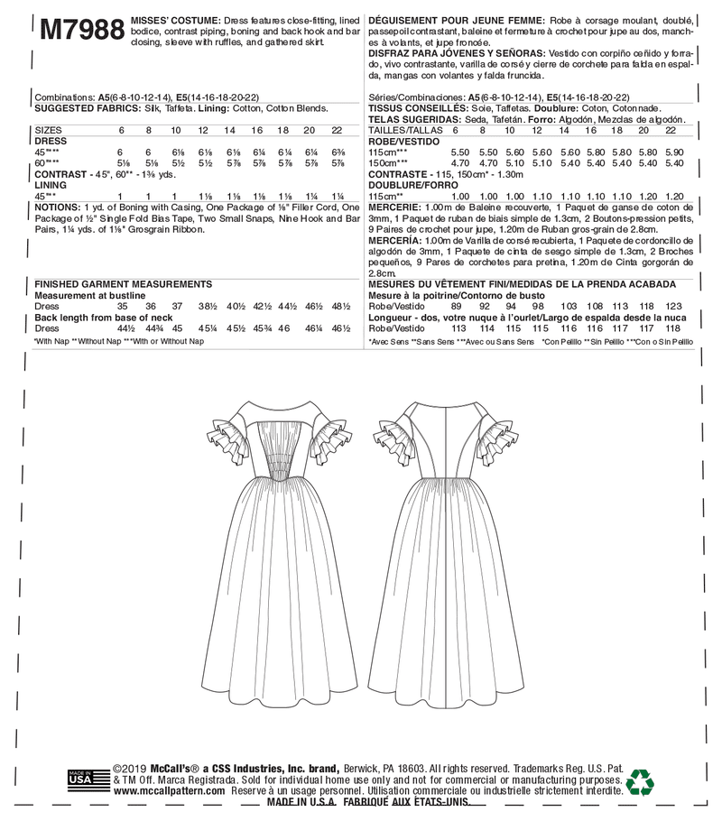 McCall’s Misses Costume Sewing Pattern M7988