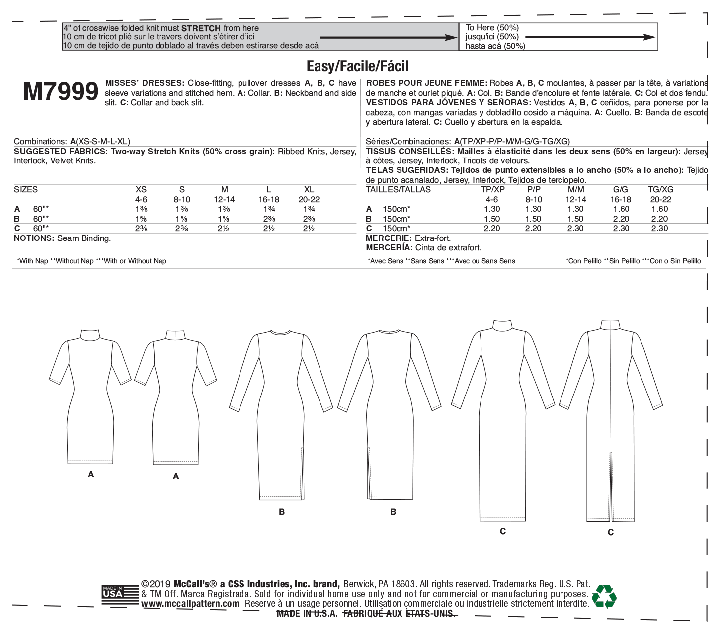 McCall’s Misses Dress Sewing Pattern M7999