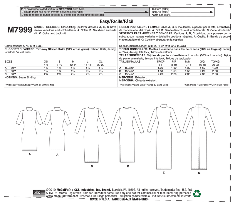 McCall’s Misses Dress Sewing Pattern M7999