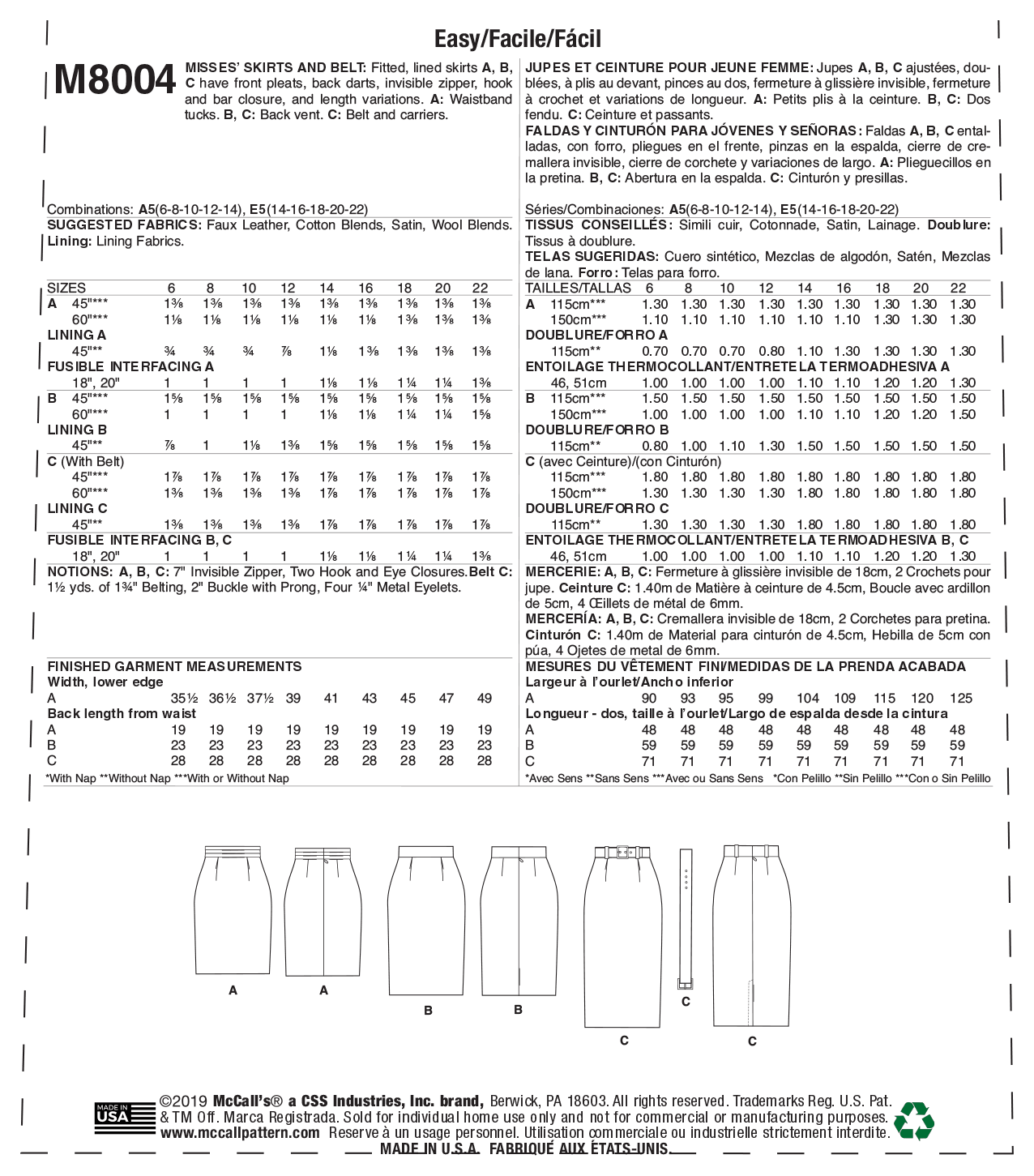 McCall’s Misses Skirts Sewing Pattern M8004