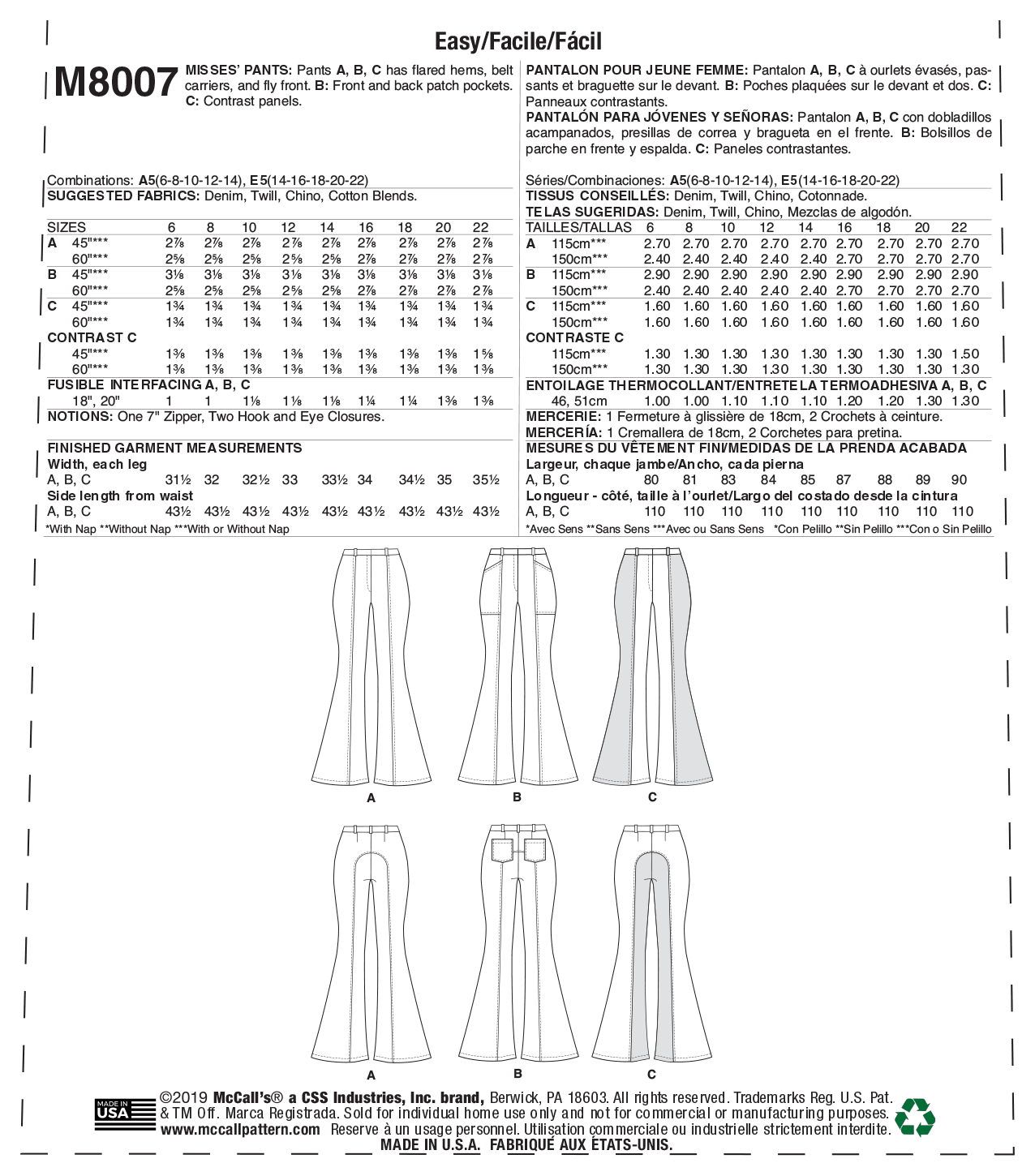McCall’s Misses Pants Sewing Pattern M8007