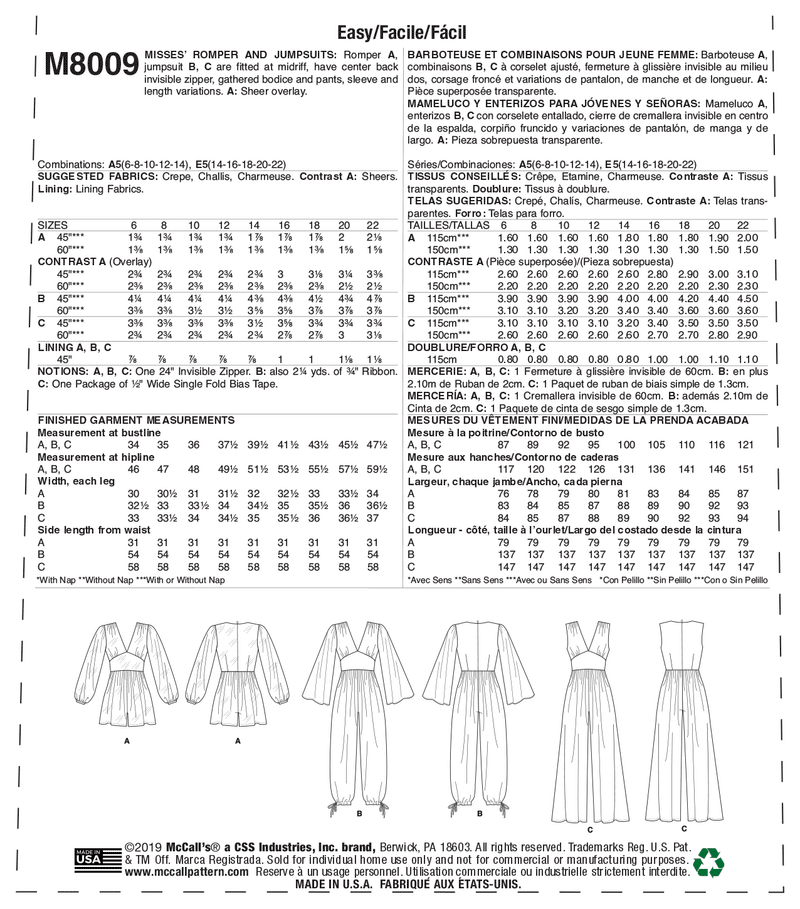 McCall’s Misses Sportswear Sewing Pattern M8009