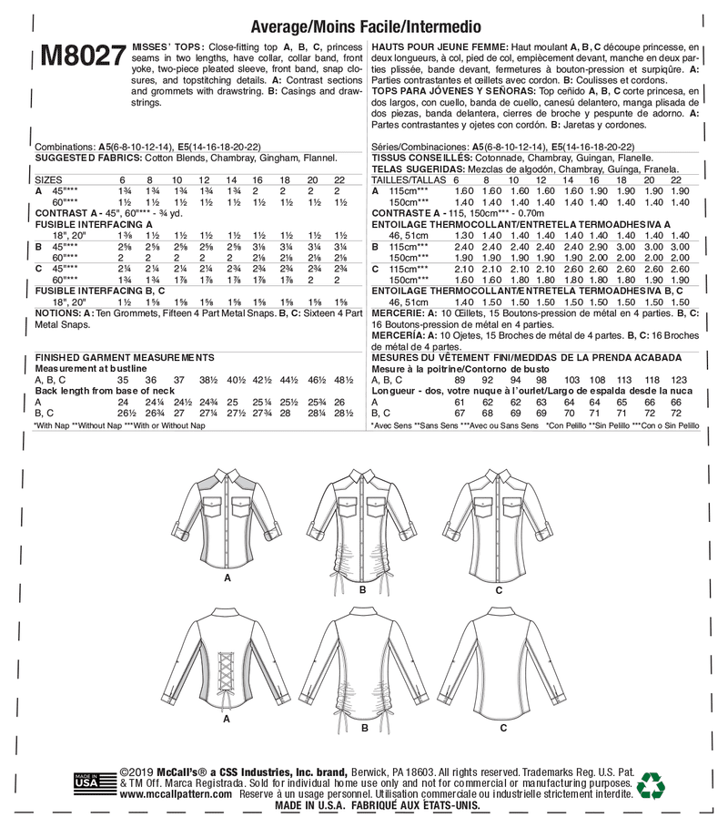 McCall’s Misses Tops Sewing Pattern M8027