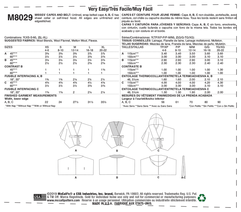 McCall’s Misses Capes Sewing Pattern M8029